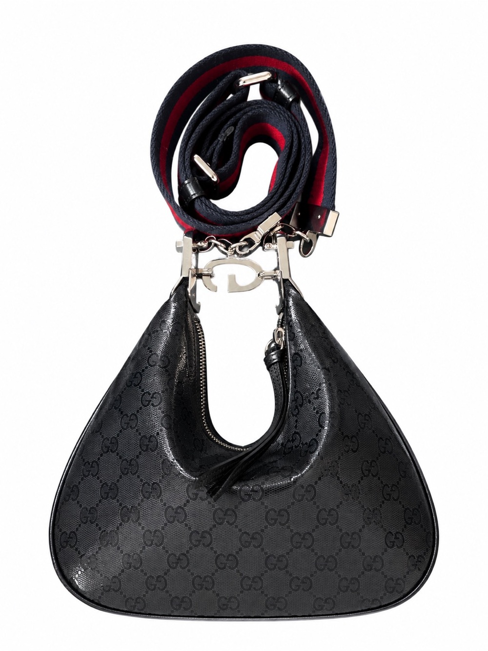 Gucci Black GG Monogram Crescent Shoulder Bag with Red-Blue Web Strap